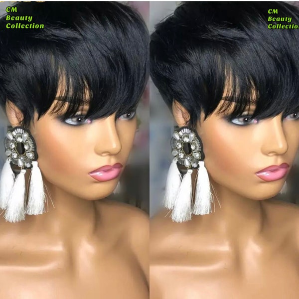 Brazilian Remy human hair wig,150 % density,non-lace-wig,  short cut w/bang ,color natural black  cap size M only,Wig does not come style