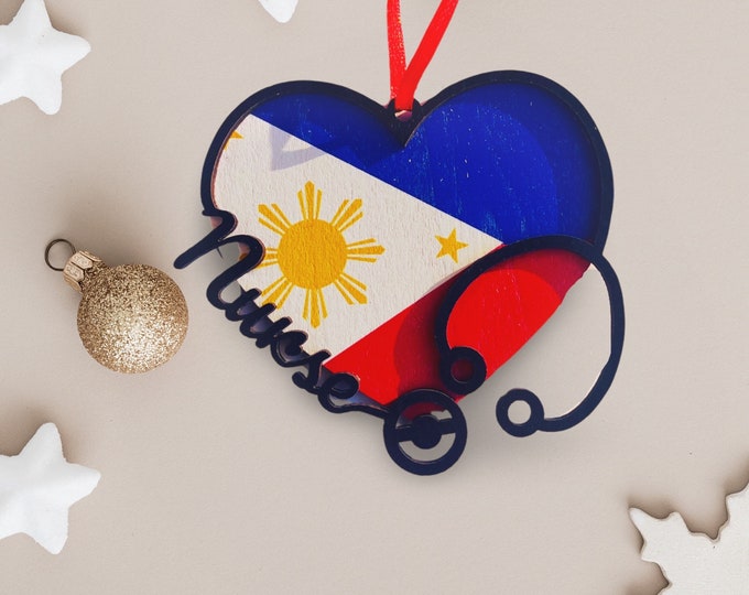 Filipino Nurse Heart + Philippine Flag Wooden Christmas Ornament