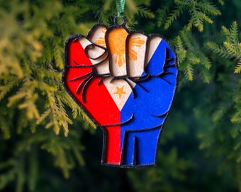 Filipino Philippine Flag Pride Fist Wooden Christmas Ornament