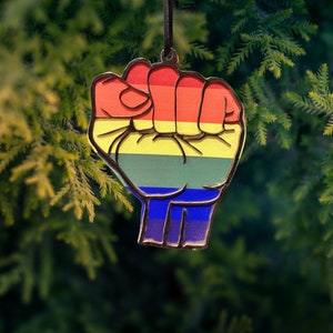 Pride Flag Fist Wooden Christmas Ornament