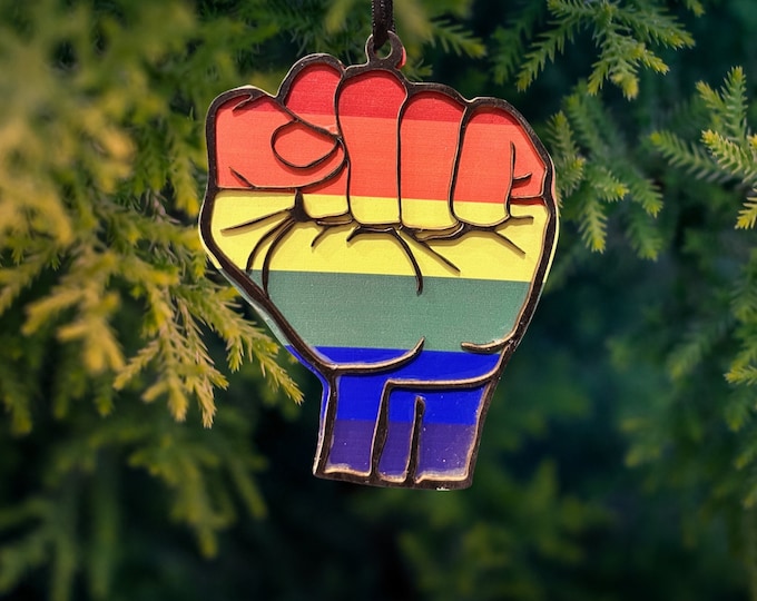 Pride Flag Fist Wooden Christmas Ornament