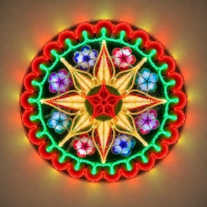 May include: A circular illuminated lantern featuring a central red star surrounded by yellow star-shaped rays. The design includes six colorful flower accents in blue, pink, and purple, all framed by a vibrant green and red scalloped LED border.