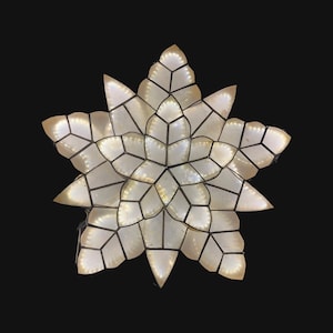 Puede incluir: Una linterna decorativa en forma de estrella con un diseño geométrico complejo. La linterna está compuesta por numerosos paneles blancos translúcidos, cada uno delineado con un marco oscuro. La forma general se asemeja a una flor o estrella estilizada, sobre un fondo negro.