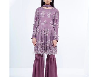 Pakistani dress / Party wear / Lilac Purple Short frock with Sharara Pants / Pakistani, Indian, Bengali Bollywood Wedding Formal Dress