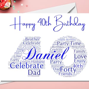 PERSONALISED 40th Birthday Card - Custom WORD ART Greeting Card - 40 Birthday Keepsake Gifts - For him dad Husband son brother uncle