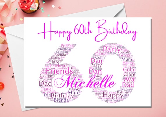 PERSONALISED 60th Birthday Card for Her Custom WORD ART Greeting