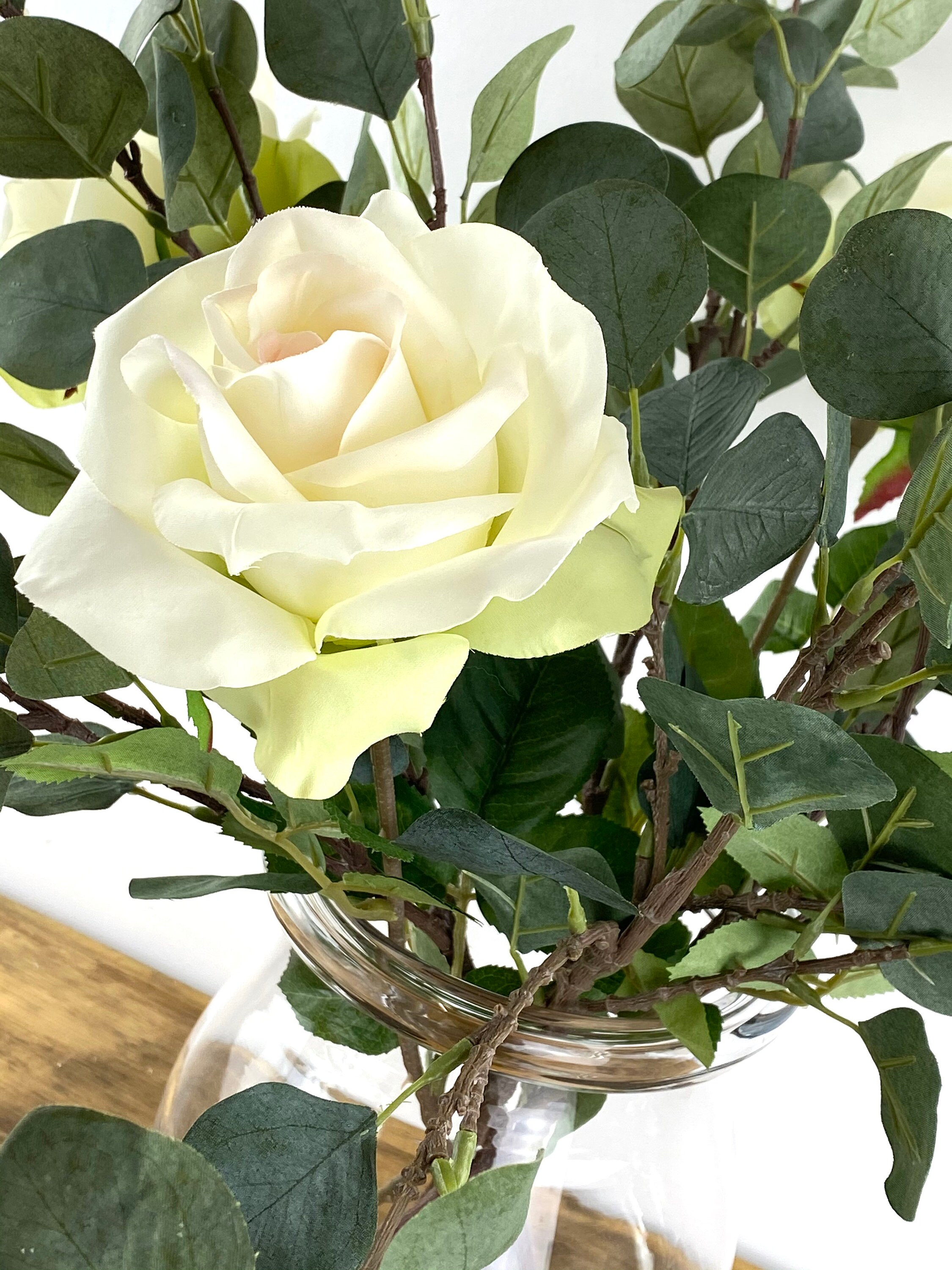 Faux White Roses & Eucalyptus Arranged in a Roll Top Vase Etsy