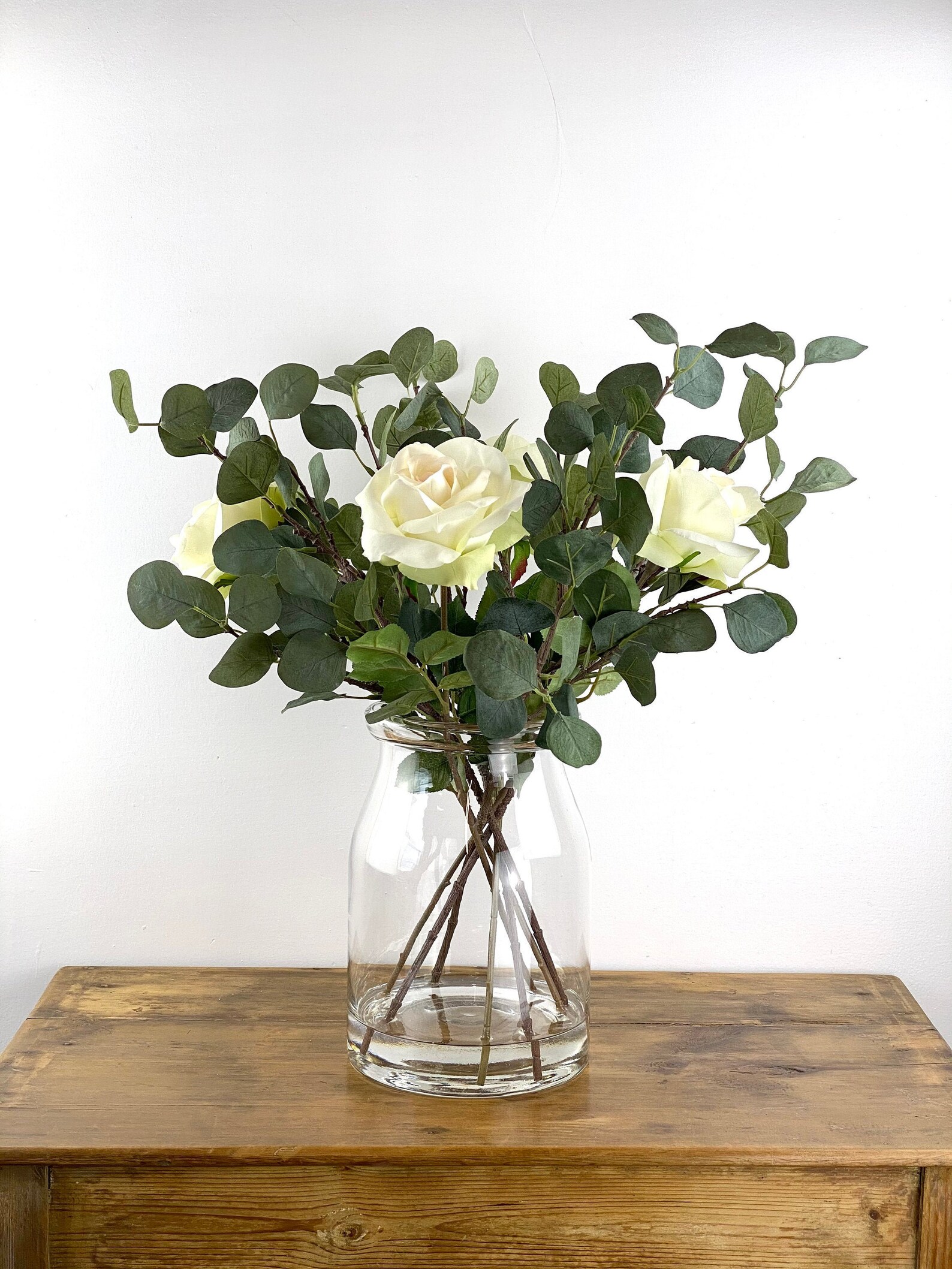 Faux White Roses & Eucalyptus Arranged in a Roll Top Vase Etsy UK
