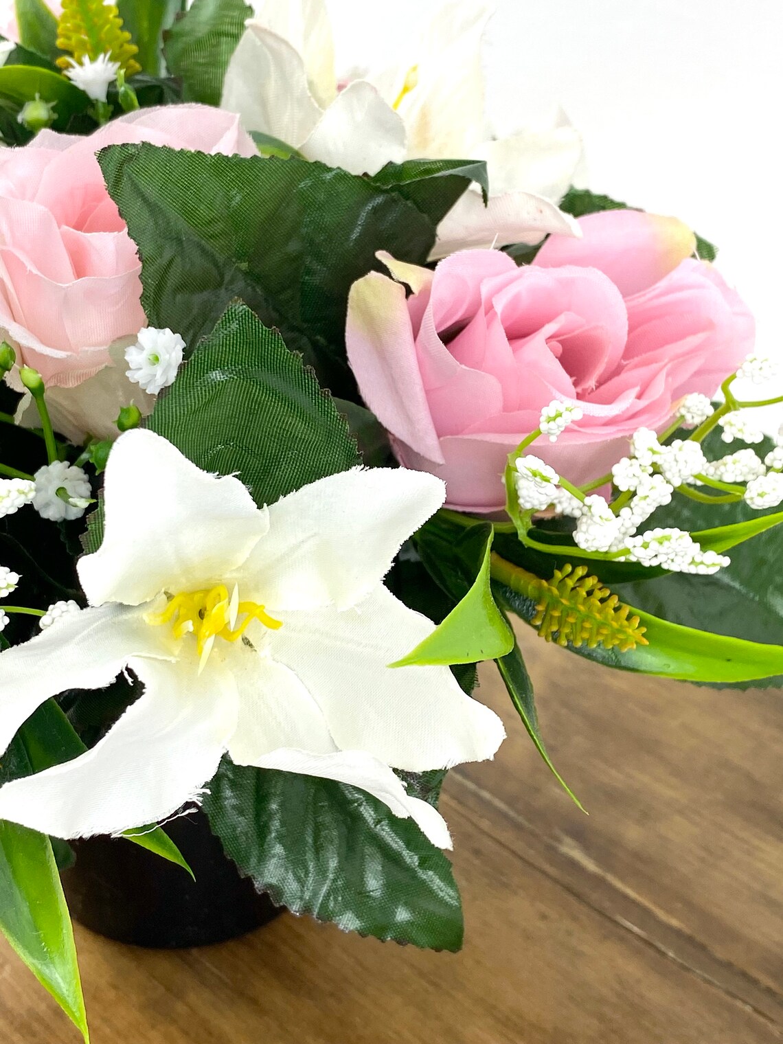 Faux Memorial Graveside Pot with Faux Pink Rose and White Lily Etsy