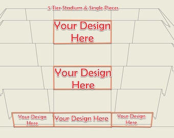 May include: A five-tier stadium display stand featuring a stepped design with multiple sections for placement. The structure includes text labels reading 5-Tier-Stadium-&-Single-Pieces and Your Design Here in red boxes across the various levels.