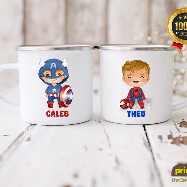 Superhero Camping Mugs, Personalised Enamel Cup, Personalised Camping Mug, Childs Camping Mug, Personalised Childs Mug