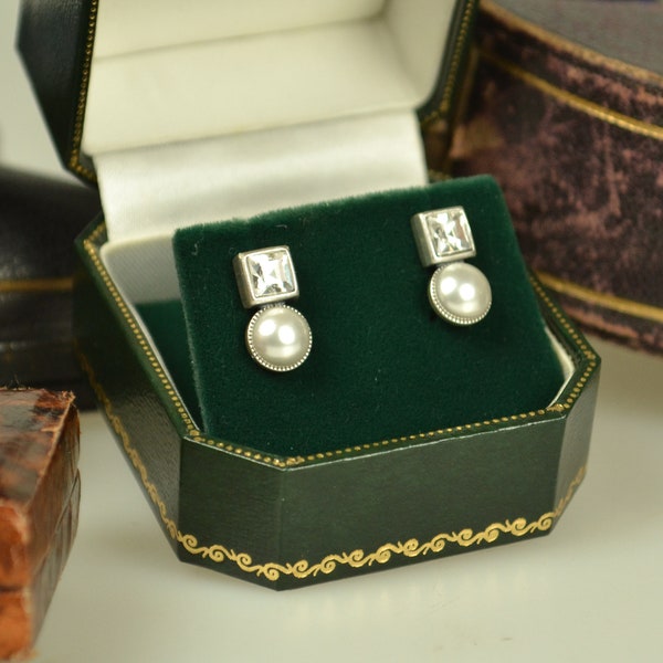 Faux Pearl, Silver & Crystal Art Deco Stud Earrings