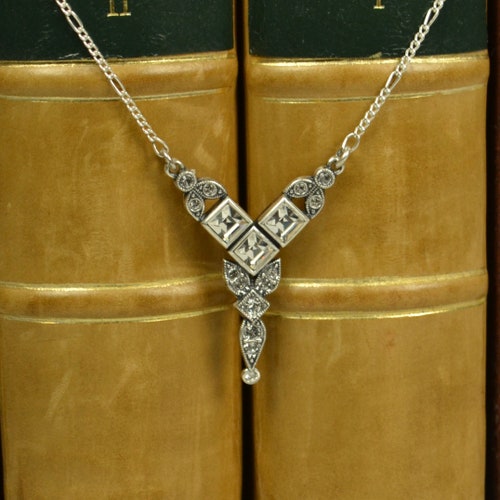 Glamorous Silver and Crystal Art Deco Necklace Etsy UK