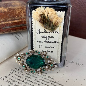 Victorian Style Emerald & Clear Crystal Floral Brooch