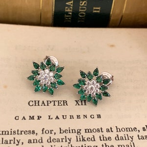 Silver & Emerald Cubic Zirconia Vintage Star Earrings