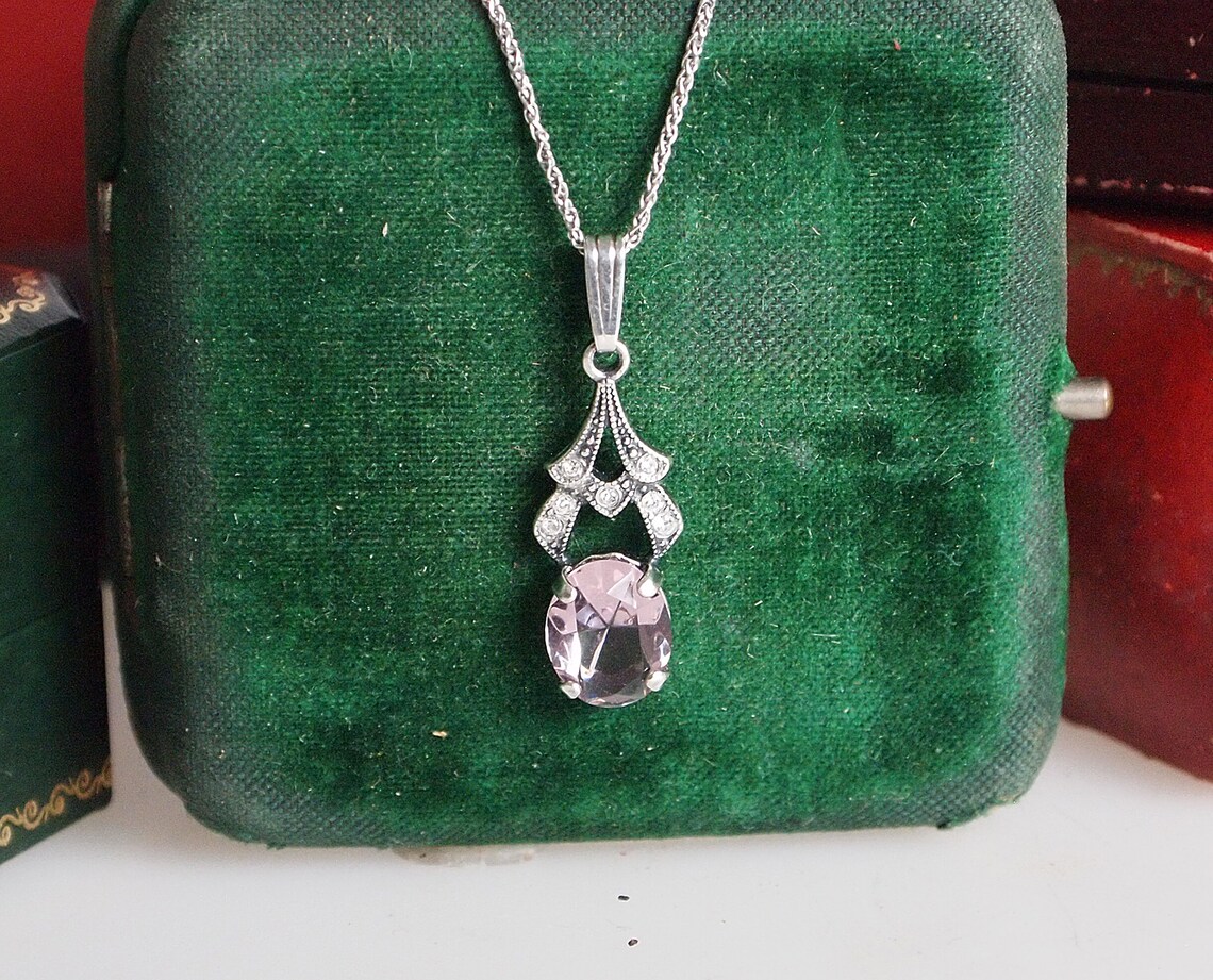 Ornate Silver Drop Pendant With Oval Cut Crystal Etsy