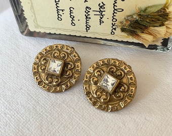Vintage Baroque Design Faux Gold & Crystal  Clip On Earrings