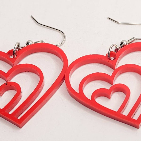 Heart Dangle Earrings, Red Triple Layered Hearts, Valentine's Day, Gift for Woman