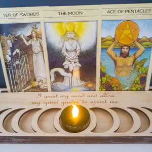 Tarot Card Holder with Moon Phase Cutouts and Spirit Guide Quote, Tealight Candle Holder for Altar, Divination Tool, Witchy Gift