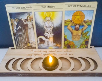 Tarot Card Holder with Moon Phase Cutouts and Spirit Guide Quote, Tealight Candle Holder for Altar, Divination Tool, Witchy Gift