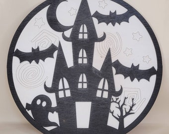 Haunted House Sign/Halloween Decoration/Wood Sign/Bat Ghsot Tree Sign/Spooky sign