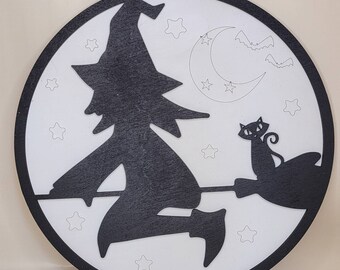 Witch Wooden Sign,Halloween Decoration, Witch & Cat on broom