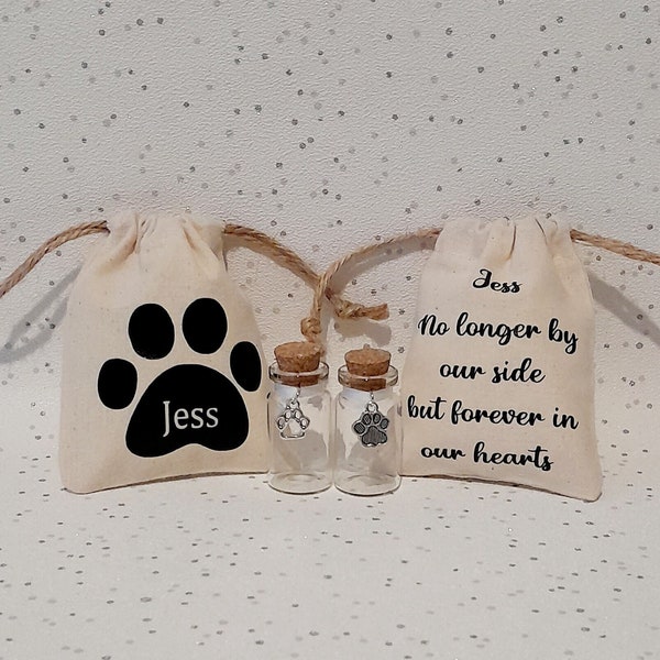 Personalised Pet Memorial Urn Glass Vial Bottle With Bag Pouch For Ashes Or Hair | Pet Loss Gift | Dog or Cat Keepsake