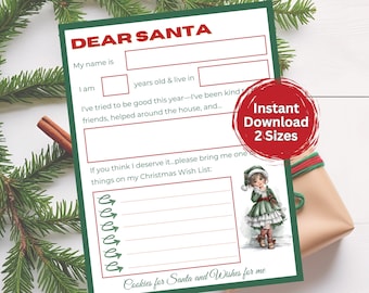 Op de afbeelding: Een printbare brief aan de Kerstman met een kerstthema. De brief bevat invulbare secties voor naam, leeftijd en wensen. Een decoratieve illustratie van een meisje in een groene jurk staat rechts. De woorden "Lieve Kerstman" staan bovenaan.