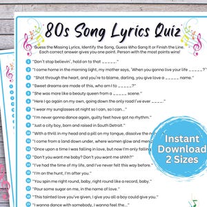 1980s Finish the Lyrics Game, Fun Printable Trivia for Family Gatherings, Song Lyrics Challenge, Party Game Night, Name That Tune