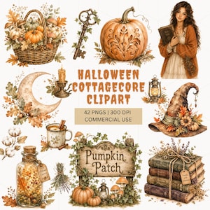 Op de afbeelding: Een digitale collectie Halloween cottagecore clipart met een rieten mand met pompoenen, een versierde sleutel, een uitgesneden pompoen, een persoon met een boek, een halve maan, een kaars, een lantaarn, een heksenhoed, een mok, een fles en boeken.