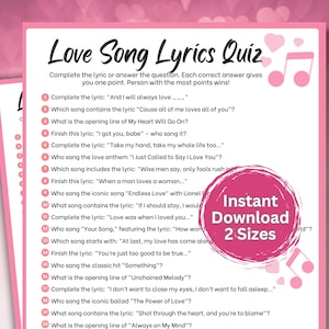 Valentine Finish The Lyrics Game Love Song, Guess The Lyrics, Name That Tune, Printable Valentine&#39;s Games, Valentines Trivia, Galentine Game