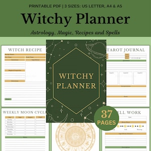 Green Witchy Printable Planner, Monthly Planner Witchy, Astrology Planner, Moon Calendar, Tarot Journal, Grimoire Journal, Printable Planner