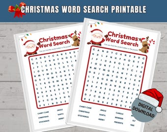 Op de afbeelding: Twee afdrukbare kerstwoordzoekpuzzels. Elke puzzel heeft een raster van letters met verborgen woorden met een vakantiethema. Illustraties van de kerstman en rendieren staan bovenaan. De tekst "Christmas Word Search Printable" staat bovenaan.