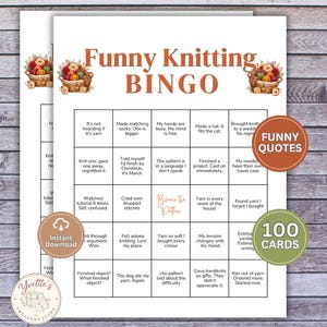 Puede incluir: Una tarjeta de juego imprimible "Funny Knitting Bingo" con una cuadrícula de frases relacionadas con el tejido. La tarjeta incluye el texto "Funny Knitting Bingo", "Descarga instantánea" y "100 tarjetas". El logotipo de Yvette's Treasure Store está en la parte inferior izquierda.