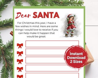Op de afbeelding: Een kerstprint met de woorden "Dear SANTA" in het rood. De afbeelding bevat een aquarel illustratie van een meisje in een Santa outfit en een rode cirkel met de tekst "Instant Download 2 Sizes".