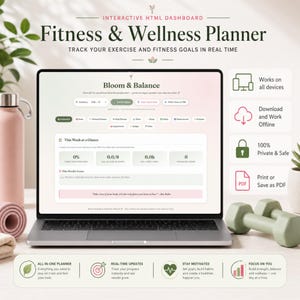 May include: An interactive HTML fitness and wellness planner dashboard titled Bloom & Balance displayed on a laptop screen. The interface includes sections for goals, workout planning, habit tracking, and progress monitoring with a soft pink and green color scheme.