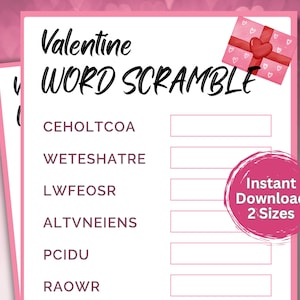 Valentine&#39;s Day Word Scramble Game, Valentine&#39;s Party Games, Unique Printable Games for Kids & Adults, Valentines Classroom Activity, Trivia