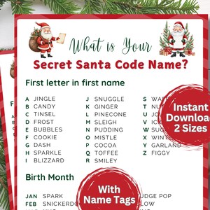 Può includere: Un gioco festivo di Secret Santa con un bordo rosso e bianco. Il design include illustrazioni di Babbo Natale e il testo "What is Your Secret Santa Code Name?" e "Instant Download 2 Sizes."