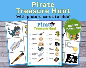 Op de afbeelding: Printbare piraten schattenjacht spel met fotokaarten om te verbergen. De kaarten tonen een papegaai, een piratenhaak, een piratenvlag, een haai, een schat, een bericht in een fles, een kompas, een spionnenkijker en een kanon.