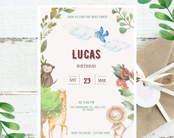 Editable Safari Party Invite, Jungle Themed Birthday Invitations, Printable Invite, Instant Download, Corjl