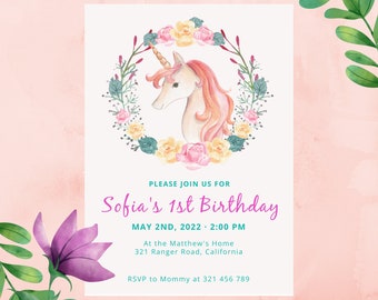 Unicorn Invitation Template Editable, Unicorn Birthday Invitation, printable unicorn invitations, EDITABLE, Instant Download