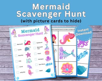 Op de afbeelding: Een printbaar zeemeermin-speurtocht spel met een checklist van zeedieren om te vinden. De checklist bevat een zeemeermin, schildpad, zeester, vis, koraal, kwal, zeepaardje, zeemeerminstaart, parel, octopus, zeegolf en schelp.