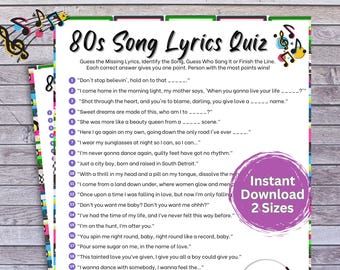 1980s Finish The Lyrics Quiz, 80s Trivia Game, Name That Tune, Name That Song Printable, 1980s Trivia, Guess The Lyrics, Music Trivia