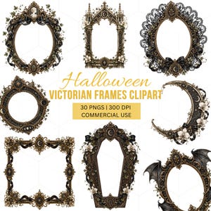 Puede incluir: Una colección de ocho marcos decorativos ornamentados en tonos metálicos oscuros, con cintas negras, hiedra y motivos celestiales como lunas y estrellas. El texto dice Halloween Victorian Frames Clipart, 30 PNGS, 300 DPI, Commercial Use.