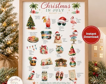 Puede incluir: Una impresión enmarcada "Christmas in July Bucket List". La impresión presenta un diseño festivo con ilustraciones de palmeras, gorros de Papá Noel y escenas de playa. El texto incluye "Sunshine, Sand & a Whole Lot of Holiday Cheer!"