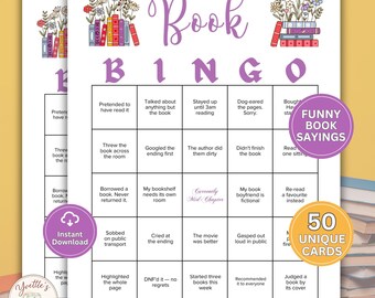 May include: Book Bingo game card with a purple and white design. The card features the word "Book" in a decorative font, along with bingo squares with book-related phrases. Includes "Funny Book Sayings" and "50 Unique Cards" labels.