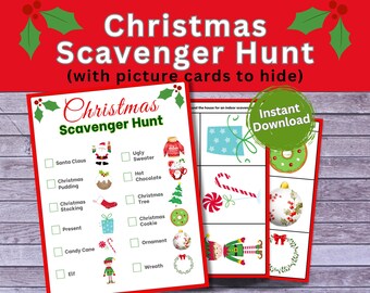 Peut inclure: Un jeu de chasse au trésor de Noël imprimable avec une liste de contrôle d'objets sur le thème de Noël à trouver, notamment le Père Noël, une chaussette de Noël, une canne en sucre et un sapin de Noël. Le jeu comprend des cartes d'images à cacher dans la maison.