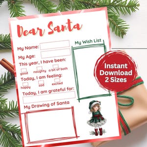Carta a Papá Noel, Lista de deseos navideños para niños, Carta para niños a Papá Noel, Carta imprimible a Papá Noel, Carta a Papá Noel, Lista de deseos de Papá Noel