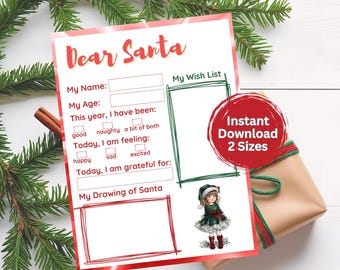Op de afbeelding: Een afdrukbare "Lieve Kerstman" brief met rode en groene accenten. De brief bevat invulsecties voor naam, leeftijd en een verlanglijstje. Een afbeelding van een meisje in een kerstoutfit staat rechtsonder. De tekst "Direct downloaden 2 maten" staat in een rode cirkel.