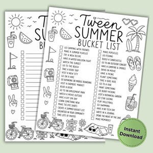 Könnte beinhalten: Eine schwarz-weiße, druckbare Tween Summer Bucket List mit einer Aktivitätenliste und Illustrationen von Sonne, Wassermelone, Kamera, Fahrrad, Palme und Eiswaffel. Der Text lautet Tween Summer Bucket List.